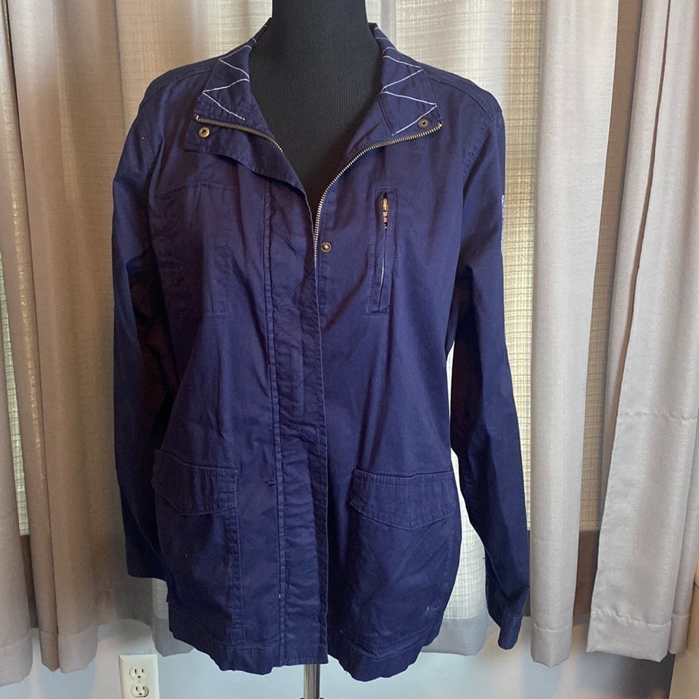Sonoma Women’s Jacket Navy Blue White Stitching Zipper & Snap Closure sz XL